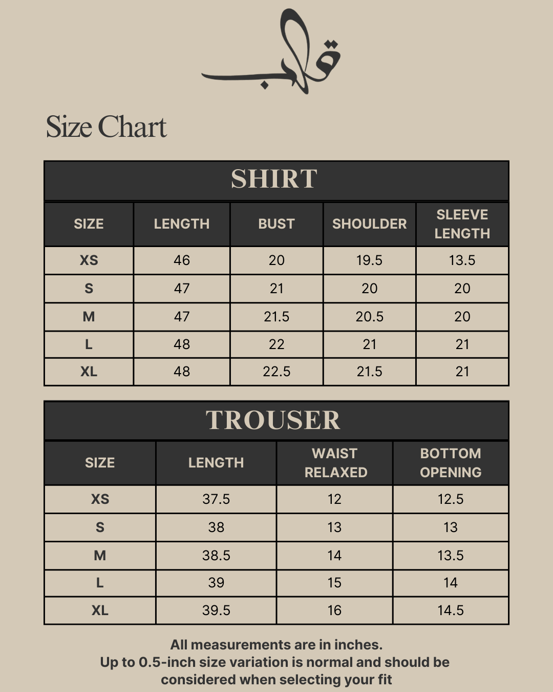 NOIR Size Chart