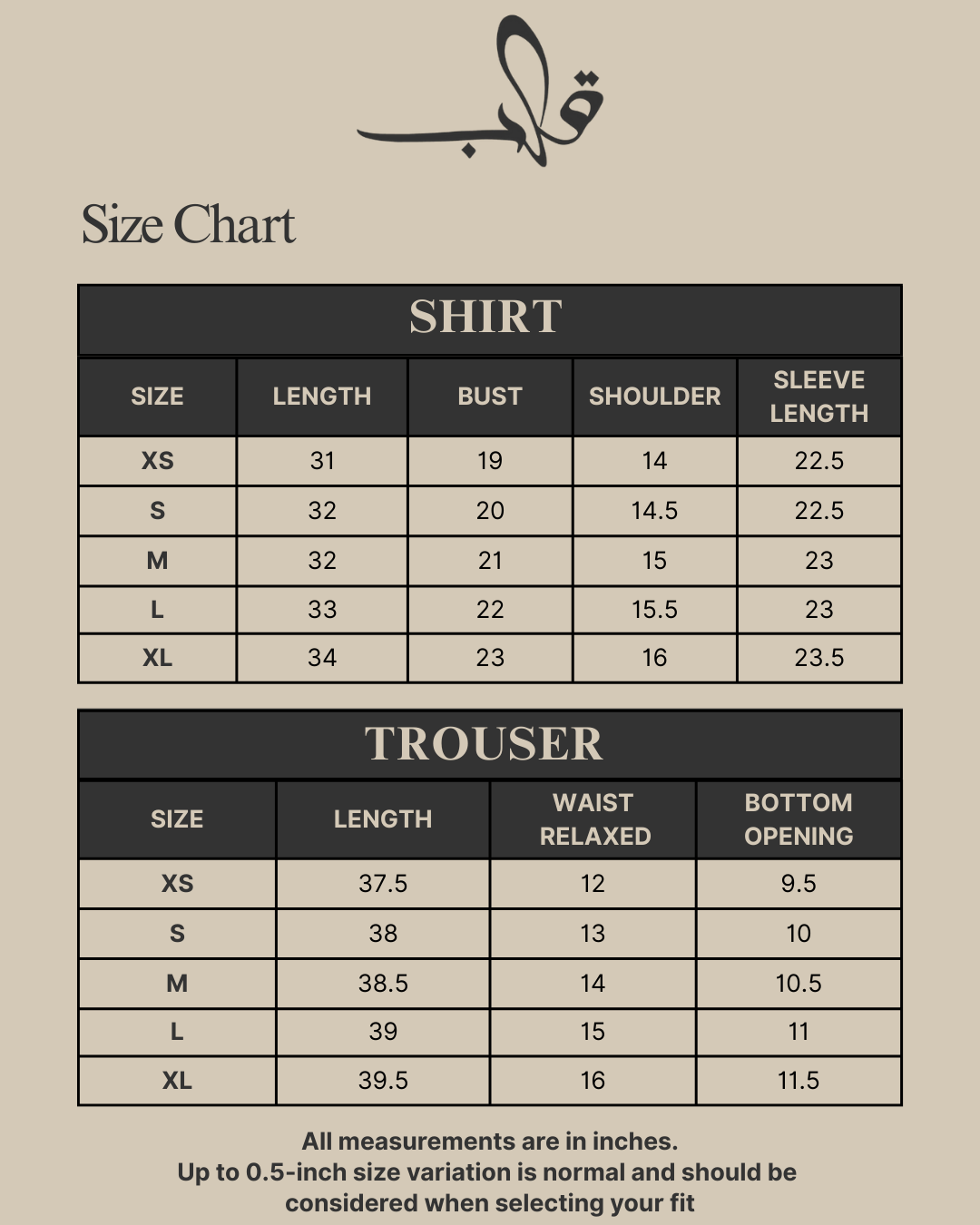 ZEBLOOM Size Chart