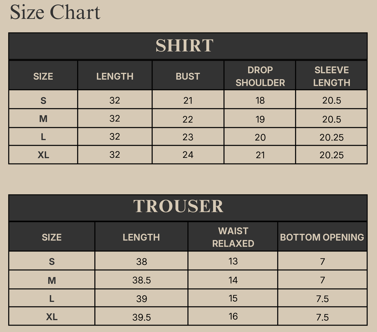 VERA Size Chart