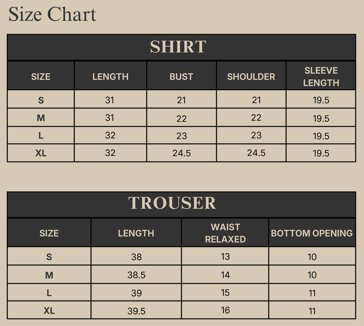 FERIDE Size Chart