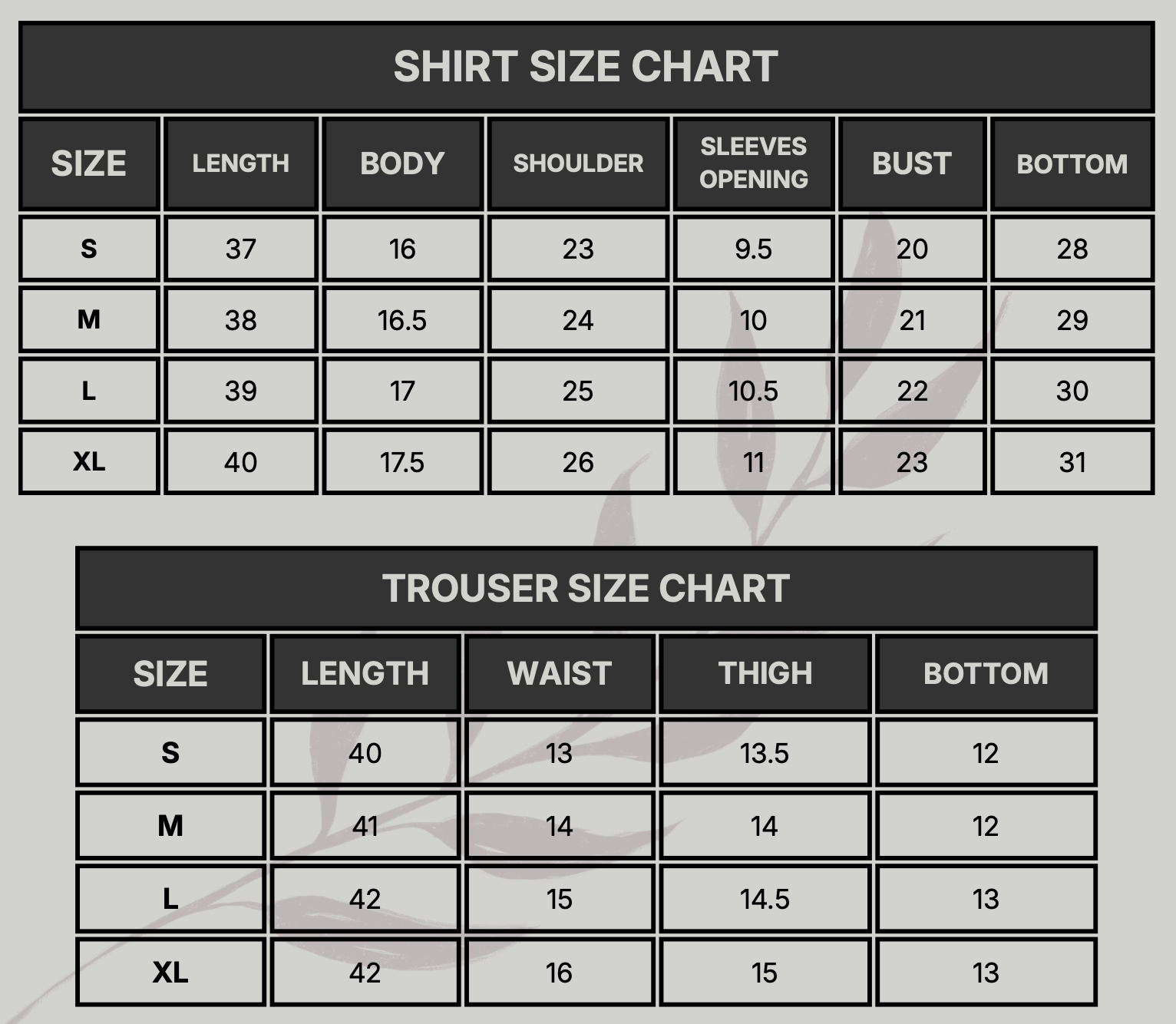 Zeynep Size Chart