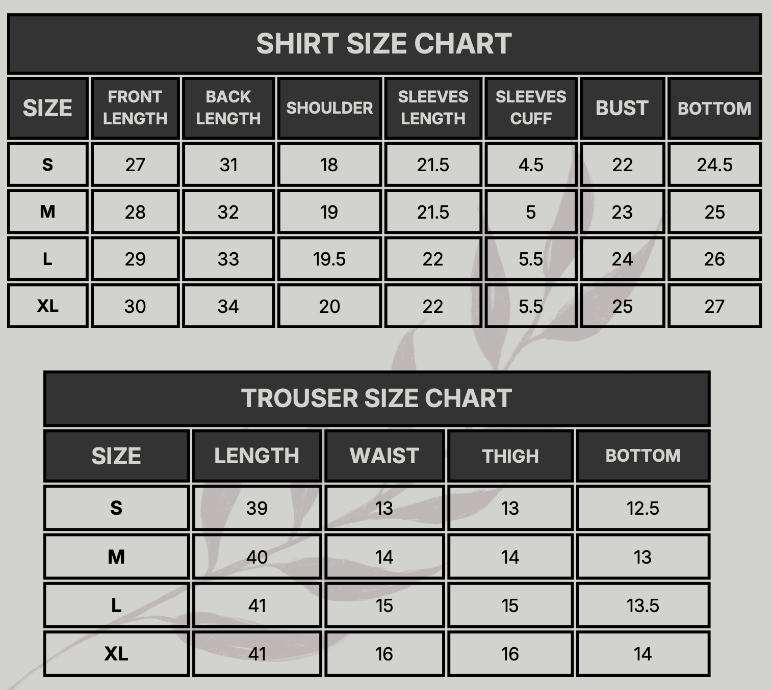 Şirin Size Chart