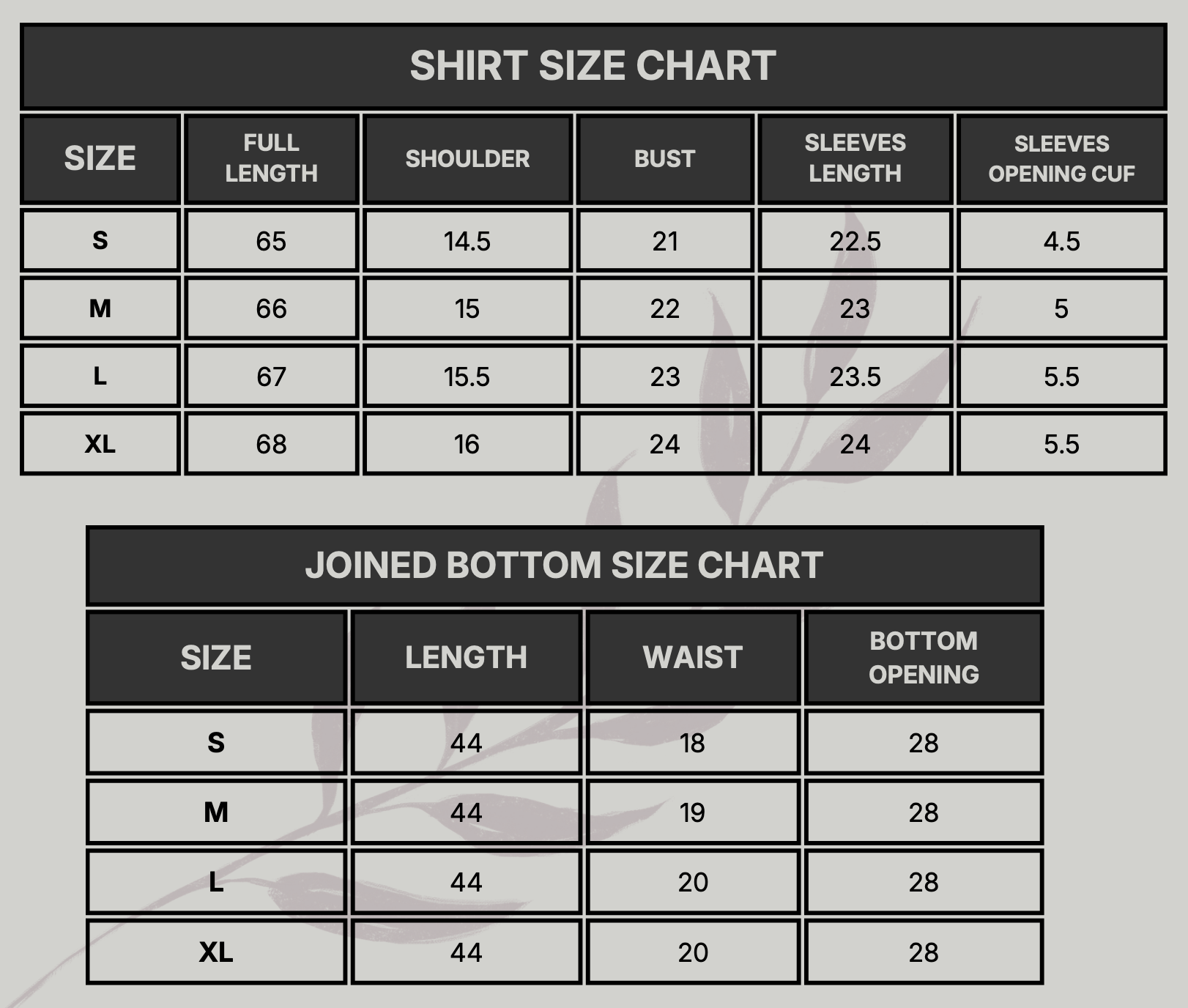 Ahu Size Chart