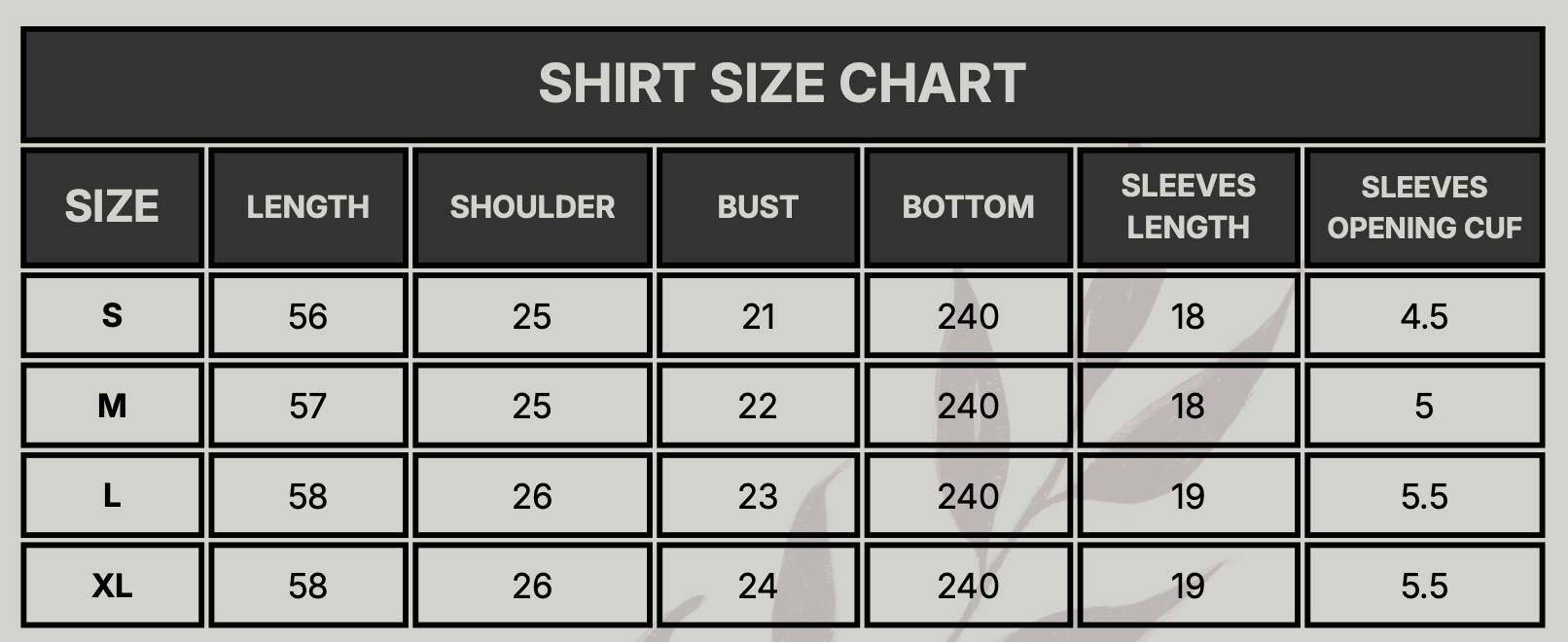 Beyza Size Chart
