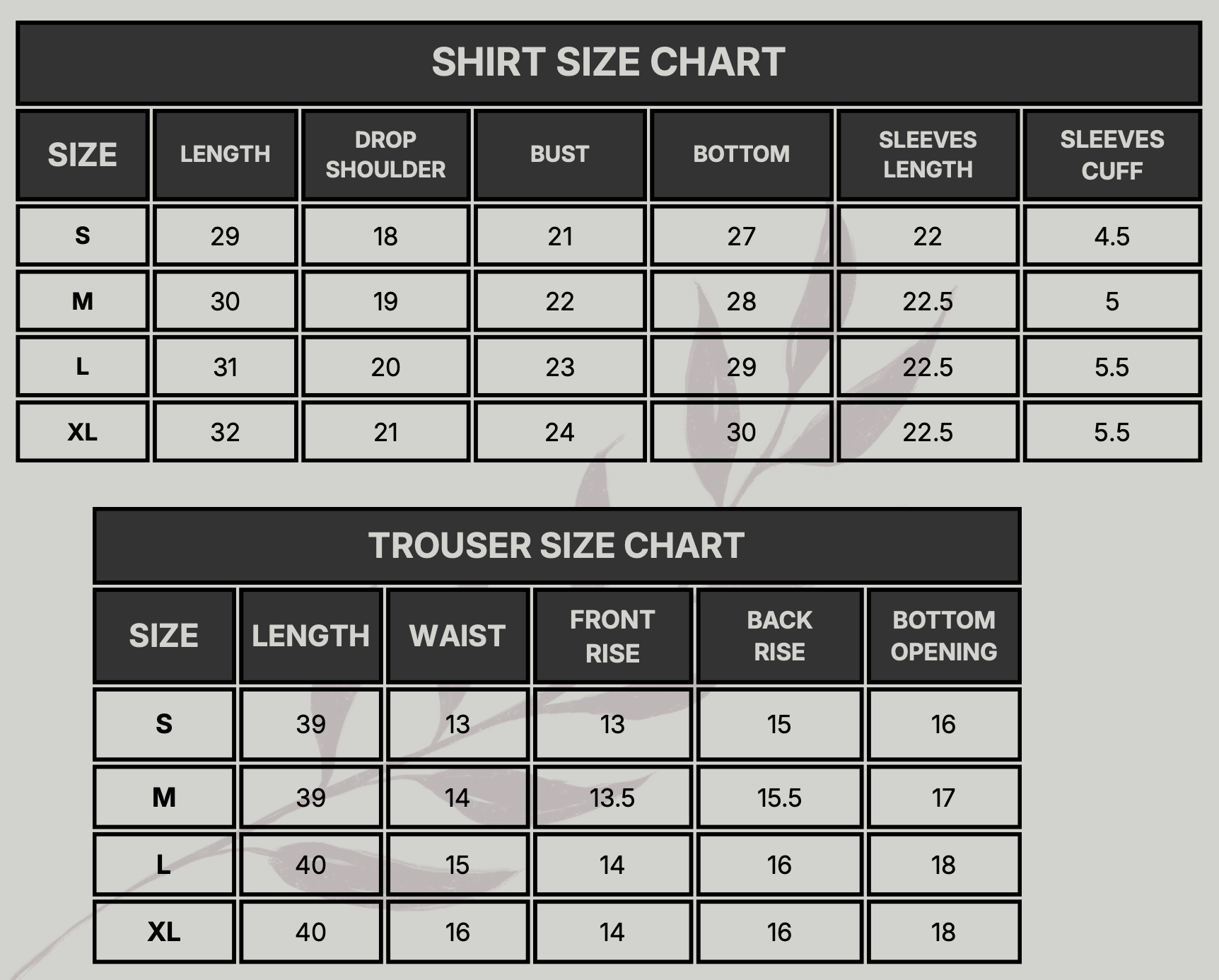 Sevgi Size Chart