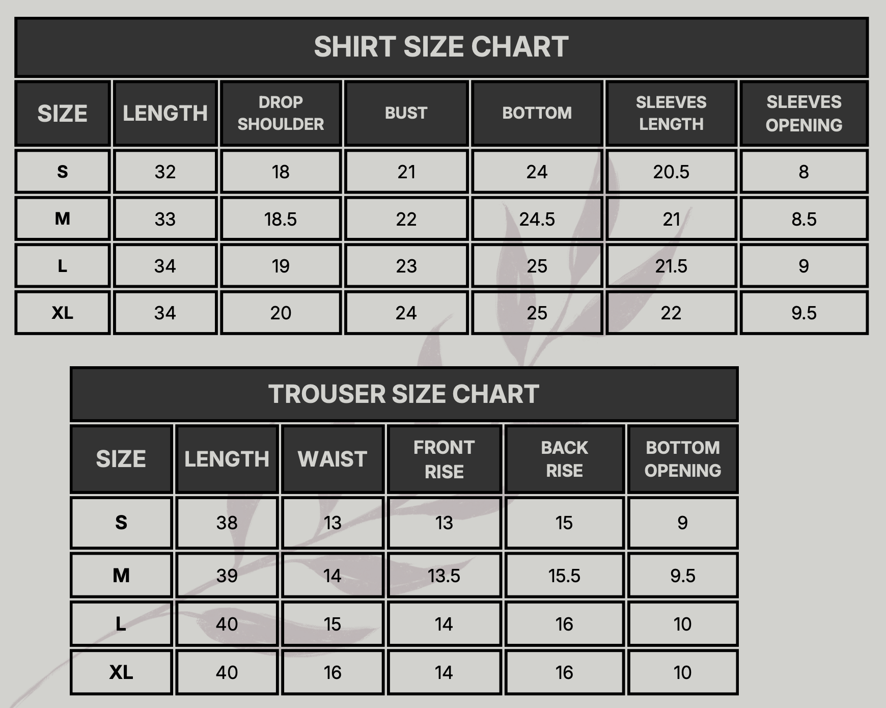 Daisy Size Chart