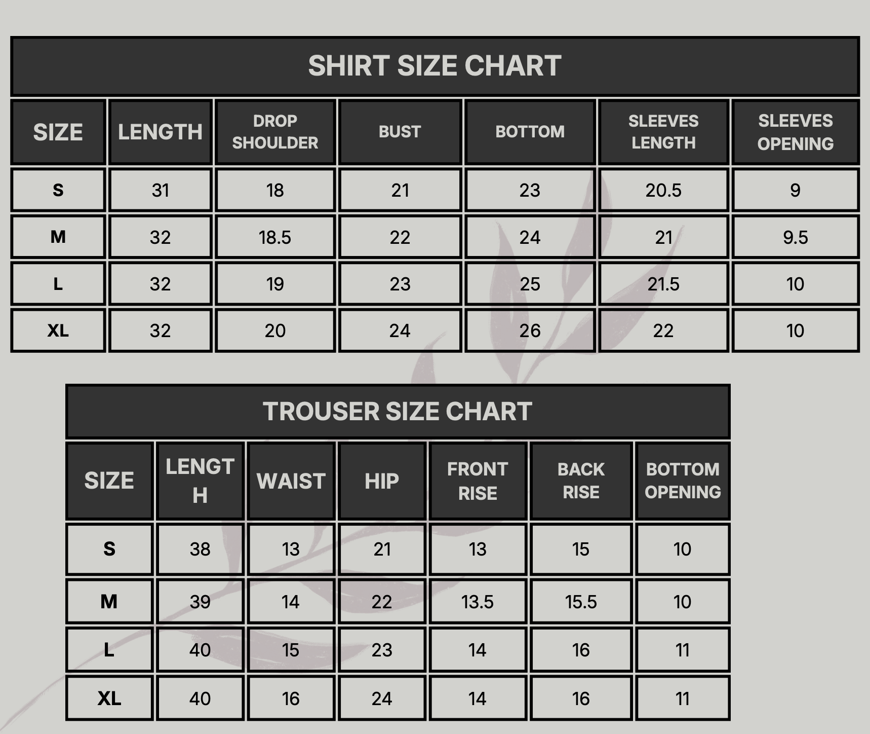 Lily Size Chart